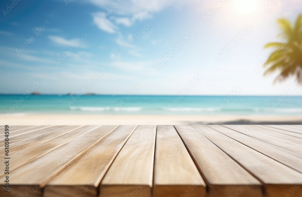 Empty wooden table top against blurred sea and sky. The background can be used for mounting or displaying your products. Generative AI