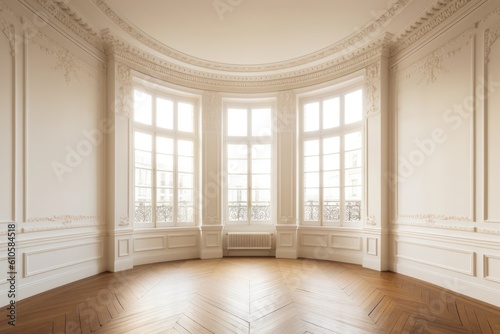 A vacant corner of the room with beige walls, three sizable windows in white, a light glossy parquet floor, and a white plinth. With a Work Path on the Windows, the perspective view. Generative AI