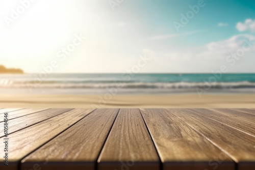 Empty wooden table top against blurred sea and sky. The background can be used for mounting or displaying your products. Generative AI