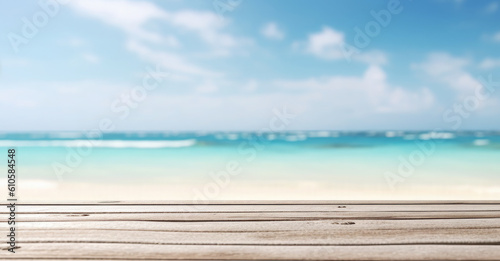 Empty wooden table top against blurred sea and sky. The background can be used for mounting or displaying your products. Banner. Generative AI