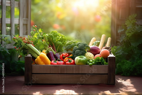 Fresh organic bio vegetables in a wooden box on a blurred green background. Harvesting. Harvest and healthy food concept.Generative AI