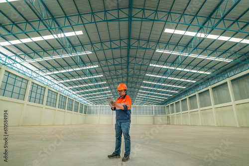 Portrait engineer wearing safety uniform holding tablet under inspection and checking factory workplace is industry worker concept with factory workplace background.