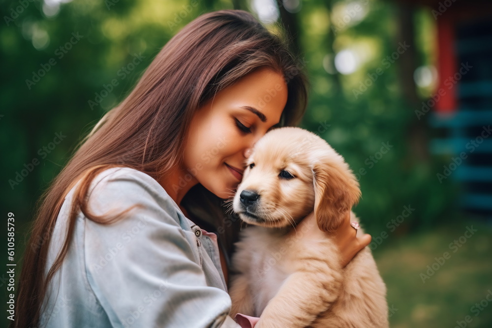 Portrait of a young woman sitting outdoors and hugging and kissing his beautiful golden retriever looking very happy Portrait of a young woman sitting outdoors and hugging and kissing his beautiful golden retriever looking very happy