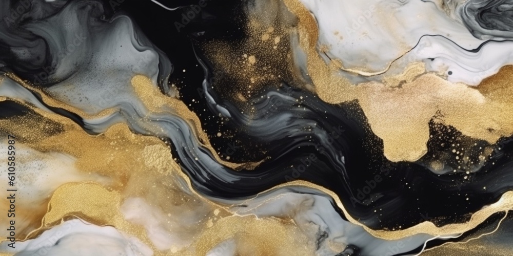 Abstract black and white marble texture with gold splashes, blue luxury background, Natural luxury abstract fluid art watercolor in alcohol ink technique, Generative AI