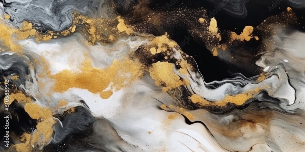 Abstract black and white marble texture with gold splashes, blue luxury background, Natural luxury abstract fluid art watercolor in alcohol ink technique, Generative AI