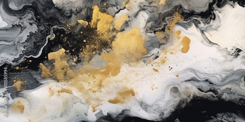 Abstract black and white marble texture with gold splashes, blue luxury background, Natural luxury abstract fluid art watercolor in alcohol ink technique, Generative AI © VeloonaP