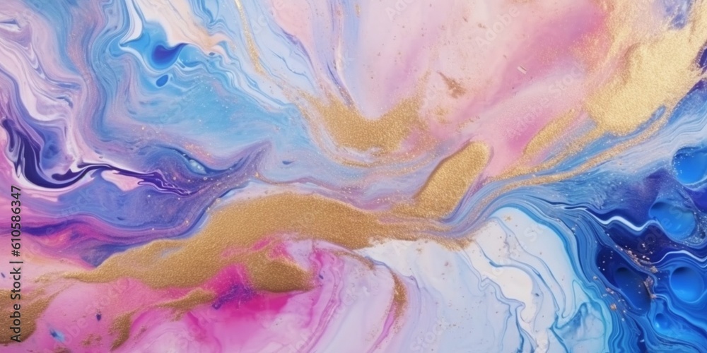 Abstract blue and pink marble texture with gold splashes, blue luxury background, Natural luxury abstract fluid art watercolor in alcohol ink technique, Generative AI