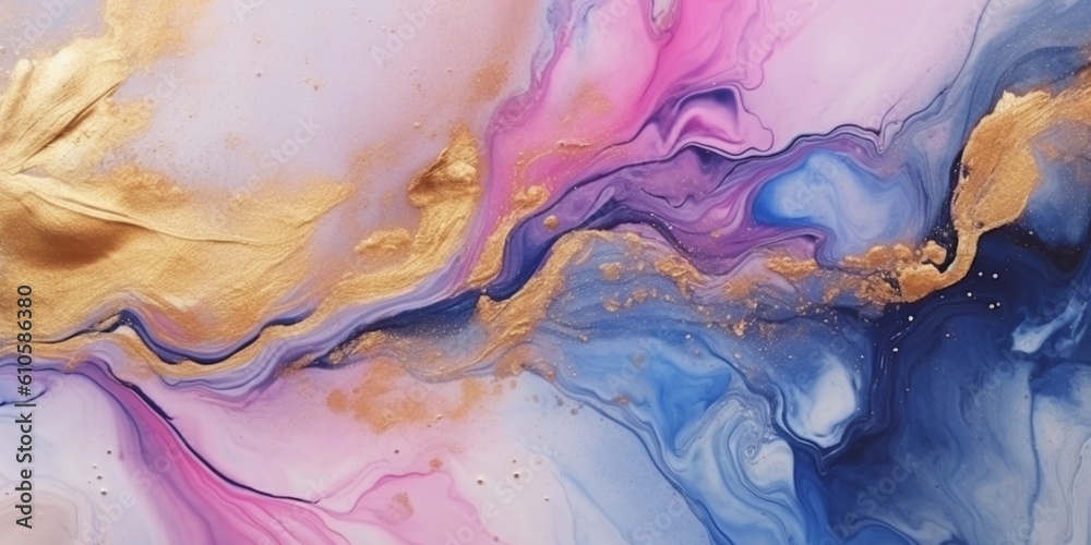 Fototapeta premium Abstract blue and pink marble texture with gold splashes, blue luxury background, Natural luxury abstract fluid art watercolor in alcohol ink technique, Generative AI