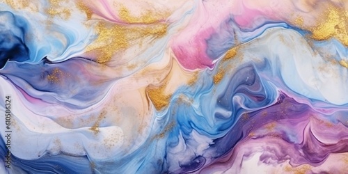 Abstract blue and pink marble texture with gold splashes, blue luxury background, Natural luxury abstract fluid art watercolor in alcohol ink technique, Generative AI