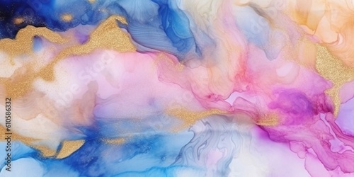 Abstract blue and pink marble texture with gold splashes, blue luxury background, Natural luxury abstract fluid art watercolor in alcohol ink technique, Generative AI