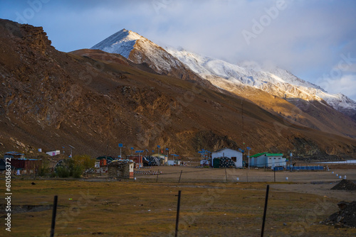 The house is located at the foot of the snowy mountain, the landscape is near the Moriri Tso lake, Ladakh, India