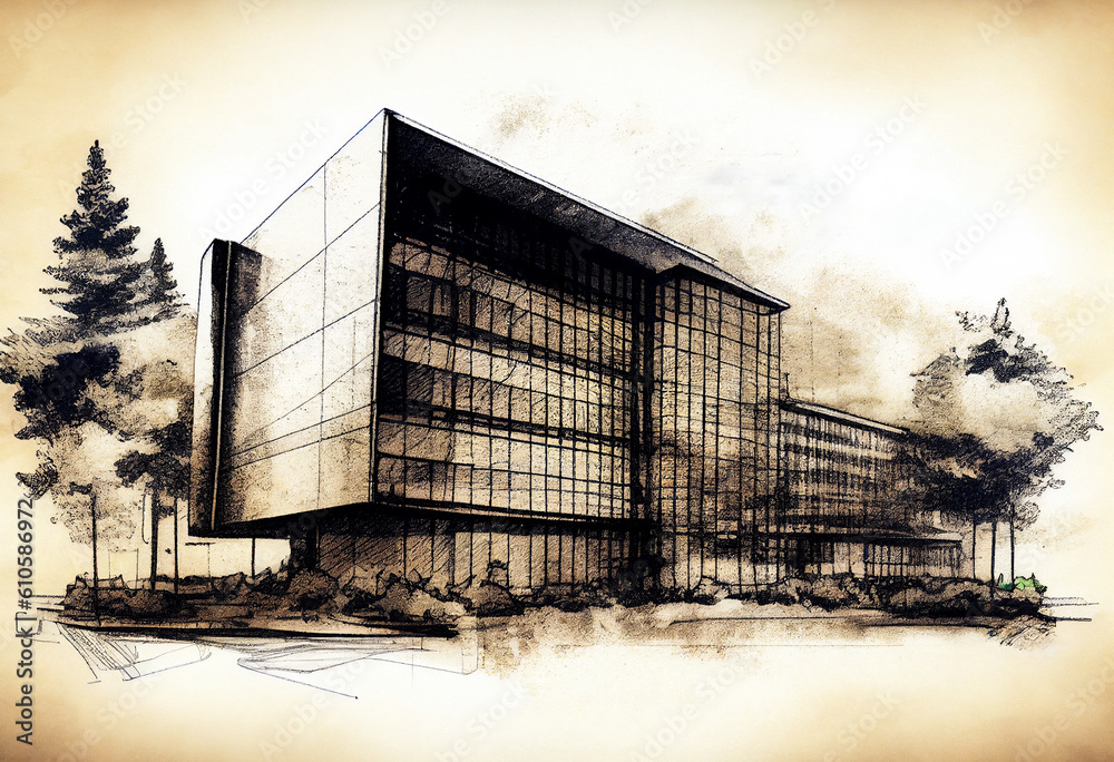 Architectural ink drawing design which is a blue print design by an architect for the construction plan of  business complex for the construction industry, computer Generative AI stock illustration