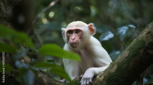Albino monkey in the green jungle. Generative AI © Kateryna Kordubailo