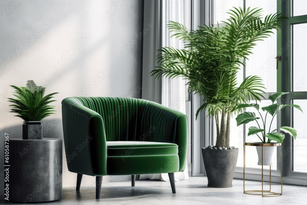 a contemporary, simple office. Green velvet armchair, loft table, and white potted houseplant Generative AI