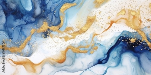 Abstract blue and gold marble texture with gold splashes  blue luxury background  Natural luxury abstract fluid art watercolor in alcohol ink technique  Generative AI
