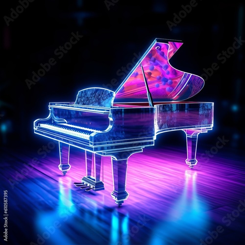 photo of grand piano in theather no light only, Generative AI. photo