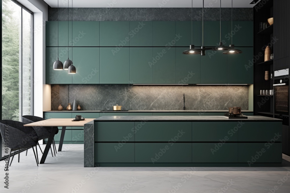 Modern green kitchen corner with built-in appliances, white, black, and ...