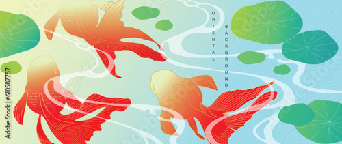 Luxury gold oriental style background vector. Chinese and Japanese wallpaper pattern design of elegant goldfish, koi carp with gold line texture. Design illustration for decoration, wall decor.