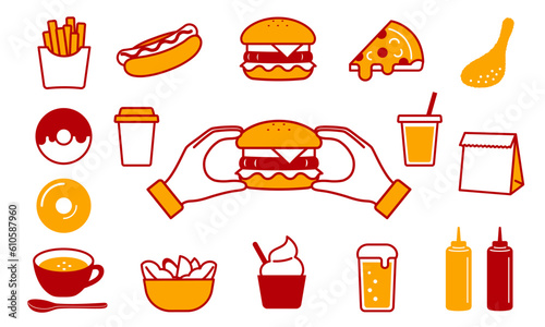 ハンバーガー、ファストフードのアイコンセット_Hamburger, fast food icon set