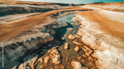 Dried lake and river on summer. Generative AI photo