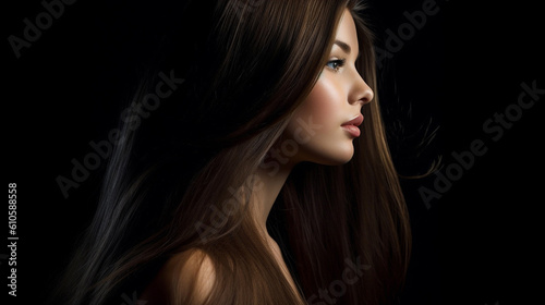 Portrait of beautiful young woman with straight long flying hair over dark background. Portrait of beautiful young woman with long brown hair. Profile portrait of a model with long hair. AI generated © Valua Vitaly