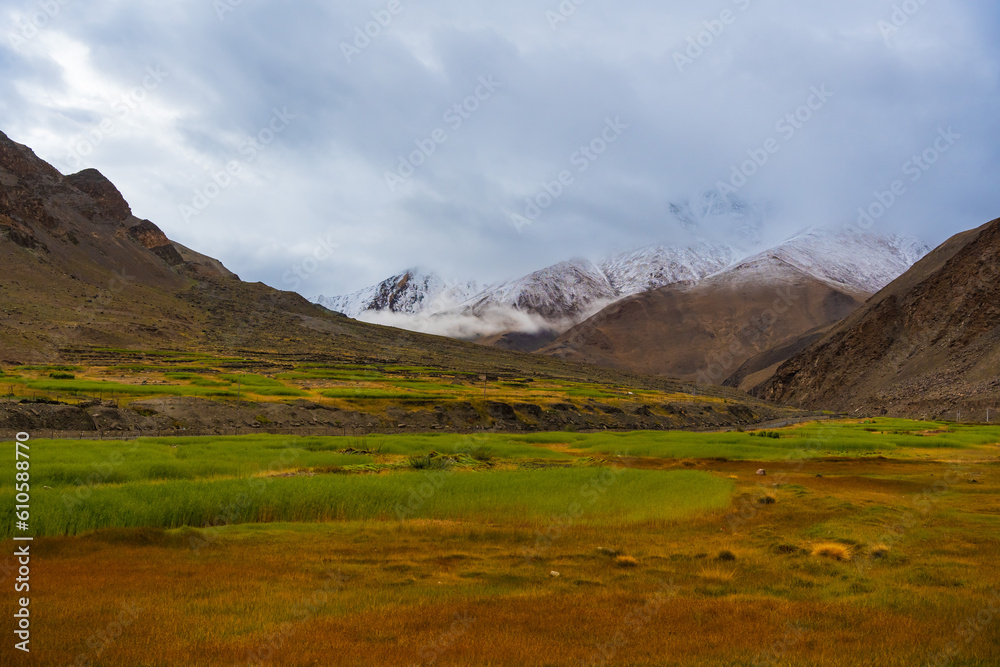 beautiful scenery of fields and houses of Hanle village, the background is surrounded by mountains at Ladakh, India