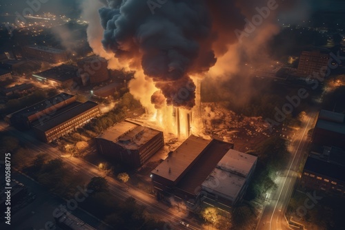 Aerial view of Big explosion and fire on power plant. Generative AI