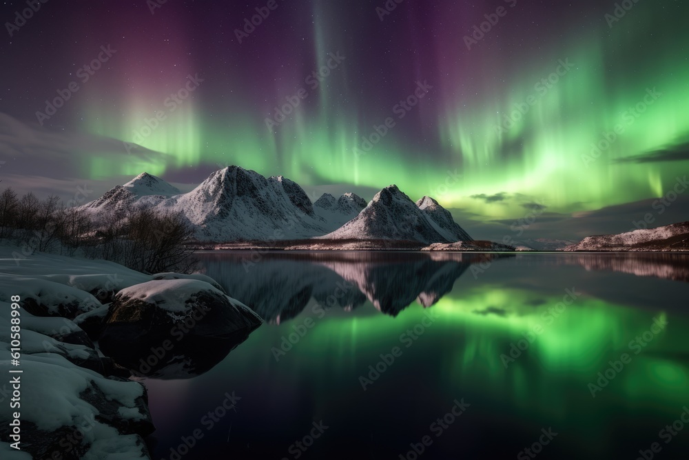 Aurora Borealis over Lofoten. Generative AI Aurora Borealis over Lofoten. Generative AI