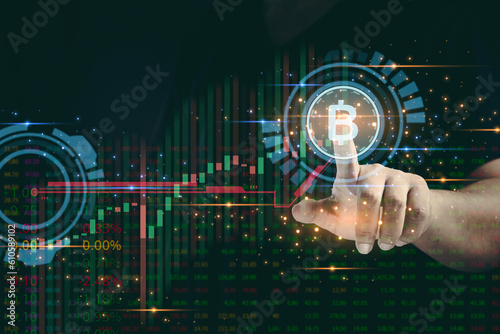 businessman hand point to digital currency profit search engine hologram Technologies and Business Process Strategy Operation Automation Management Computing Industrial Intelligence planning concept