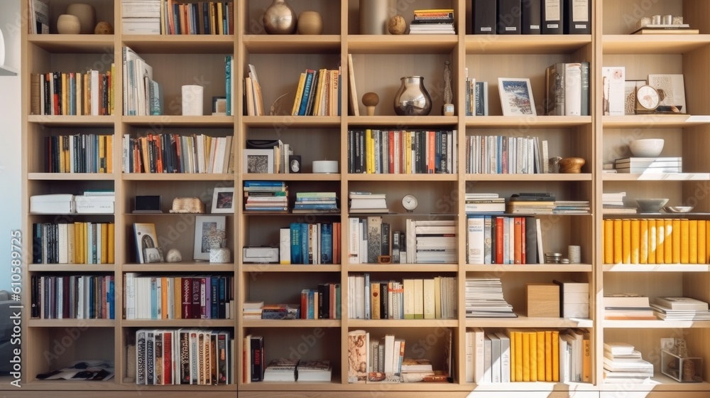 Modern interior study bookshelves on the wall room. Ai gerated Modern interior study bookshelves on the wall room. Ai gerated