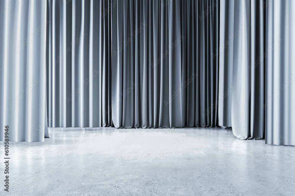 Advertising and marketing concept with front view on blank concrete floor with place for product presentation on abstract stage with light grey backstage background. 3D rendering, mockup Advertising and marketing concept with front view on blank concrete floor with place for product presentation on abstract stage with light grey backstage background. 3D rendering, mockup