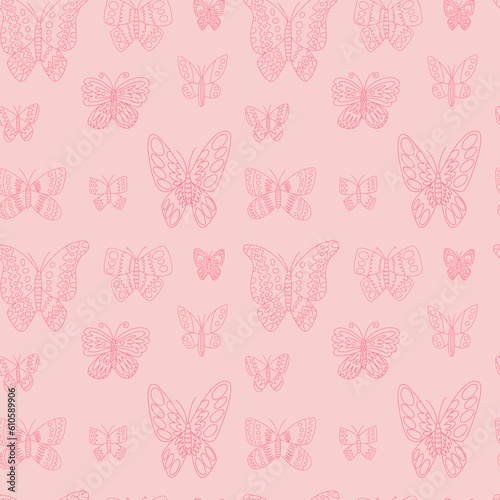 Doodle butterfly seamless pattern vector pattern. Hand drawn different kinds of butterflies on pink background © Александра Кириченко