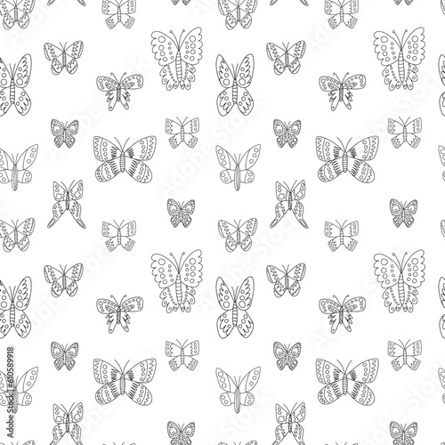 Fototapeta Naklejka Na Ścianę i Meble -  Vector butterflies seamess pattern. Hand drawn butterfly black and white pattern
