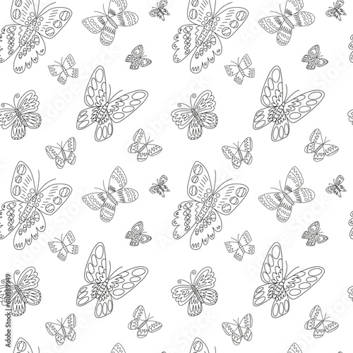 Vector butterflies seamess pattern. Hand drawn butterfly black and white pattern