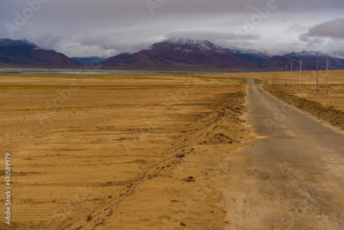 withered grass field  snow covered mountains  cloudy sky at the way from Moriri lake to Leh city  Ladakh  India