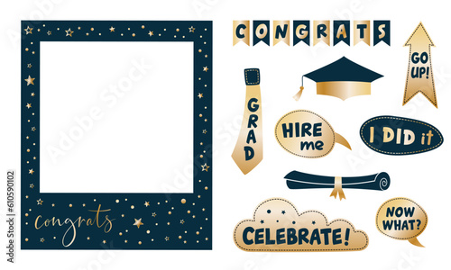 Graduation party photo booth props. Frame with congratulations lettering text, Photobooth vector element. Concept for selfie. Congrats grad quote. Gold and black decoration for celebration