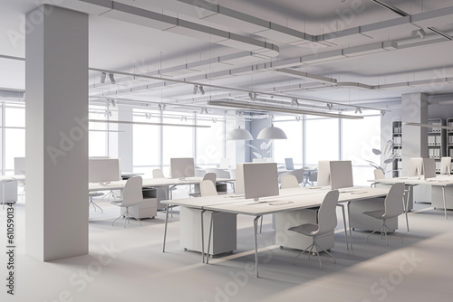 Perspective view of loft office interior design concept with white material. 3D Rendering © Who is Danny