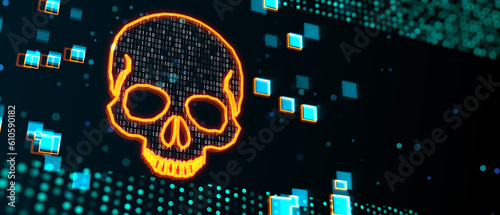 Fototapeta Naklejka Na Ścianę i Meble -  Orange glowing skull digital illustration, dark screen texture background, hacking attack and piracy concept. 3D Rendering