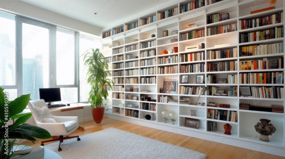 Modern interior study bookshelves on the wall room. Ai gerated Modern interior study bookshelves on the wall room. Ai gerated