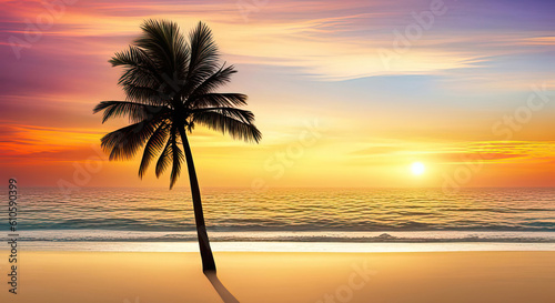 Lonely palm tree at the sunset beach with copy space generative ai illustration