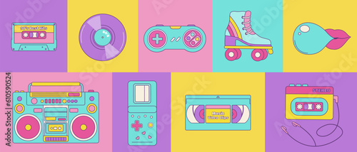 Retro set of 80s 90s elements. Vector illustration of roller skates, cassette, joystick and recorder. Fashion patch, badge, emblem