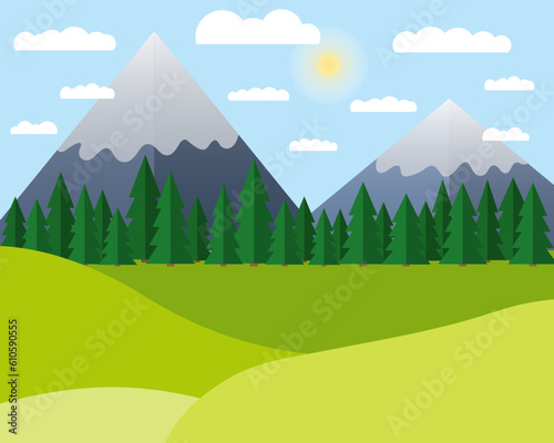 Vector summer mountains landscape in flat style. Flat hills and mountain woods vector illustration. Green fileds and trees