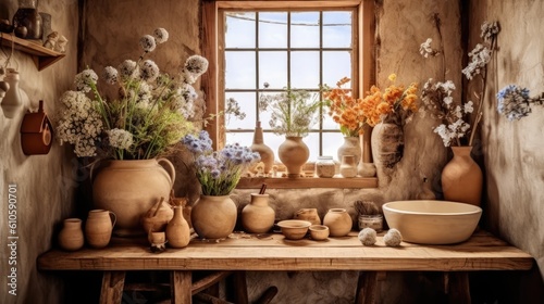 Bohemian bathroom with wooden washbasin and close-up of wooden table, desk, or shelf with ceramic vases filled with cotton flowers, Generative AI © 2rogan