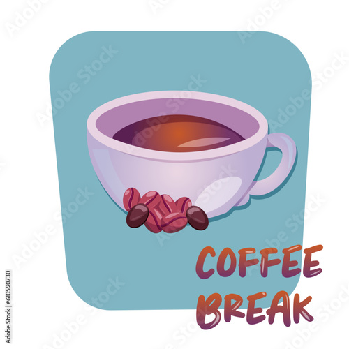 Coffee break sticker. Cute cartoon cup with coffee beans vector illustration. Coffee break banner