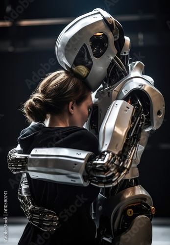 Woman in to embrace a humans robot, Generative AI
