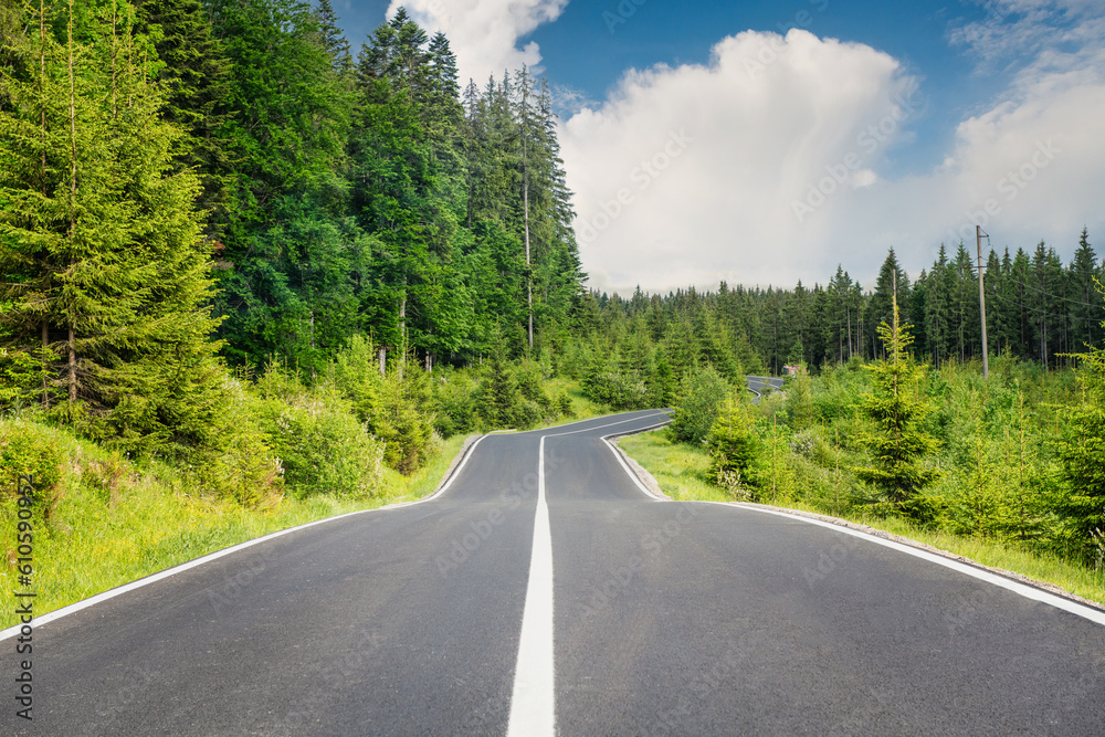 Road trip, empty highway in countryside at summer Road trip, empty highway in countryside at summer
