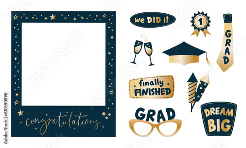 Graduation party photo booth props. Frame with congratulations lettering text, Photobooth vector element. Concept for selfie. Congrats grad quote. Gold and black decoration for celebration