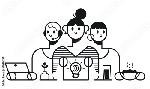 Groupe de personne au travail, équipe du bureau qui collabore sur des projets professionnels et qui déjeunent ensemble, espace de coworking convivial, illustration composée de lignes noires