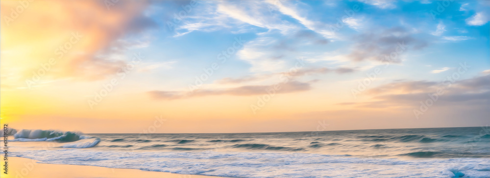 Beach landscape with waves on sunset from Generative AI
