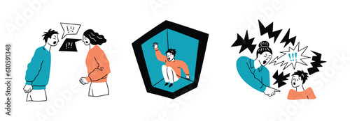 Cartoon Color Mental Health and Psychology Concept Set Flat Design Style. Vector illustration of Scene with Person in Claustrophobia